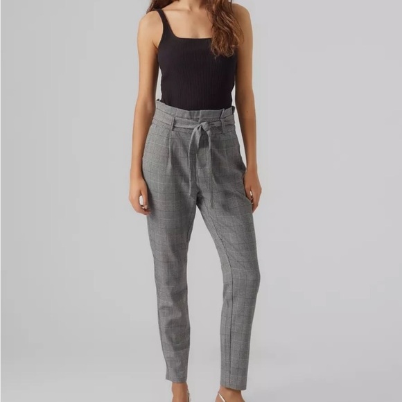 Vero Moda Checkered Gray Paperback Waist Trousers - Picture 1 of 4